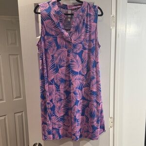 Tropical Pink and Blue Leaf Print Midi Dress